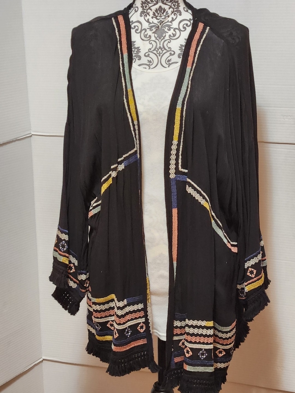 Knox Rose Black Open-Front Cardigan with Multicolor Embroidered Trim